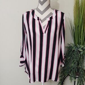 Cato Black, White & Pink Vertical Stripe V-Neck Blouse